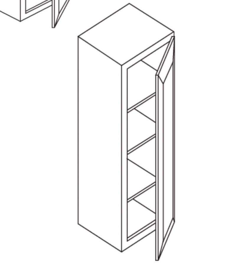 Line drawing of a tall cabinet with a partially open door and four shelves inside.